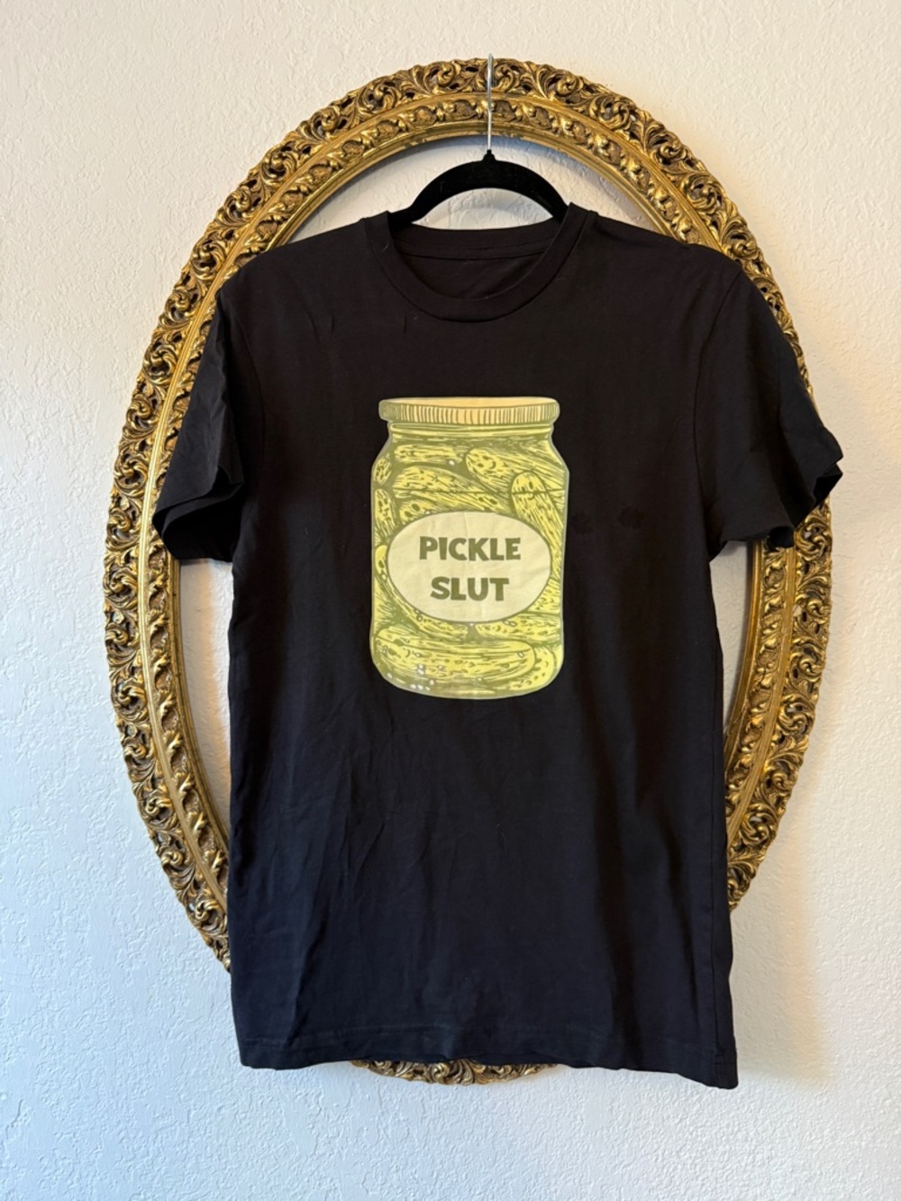 Black Graphic Tee with Yellow Pickle Jar Print